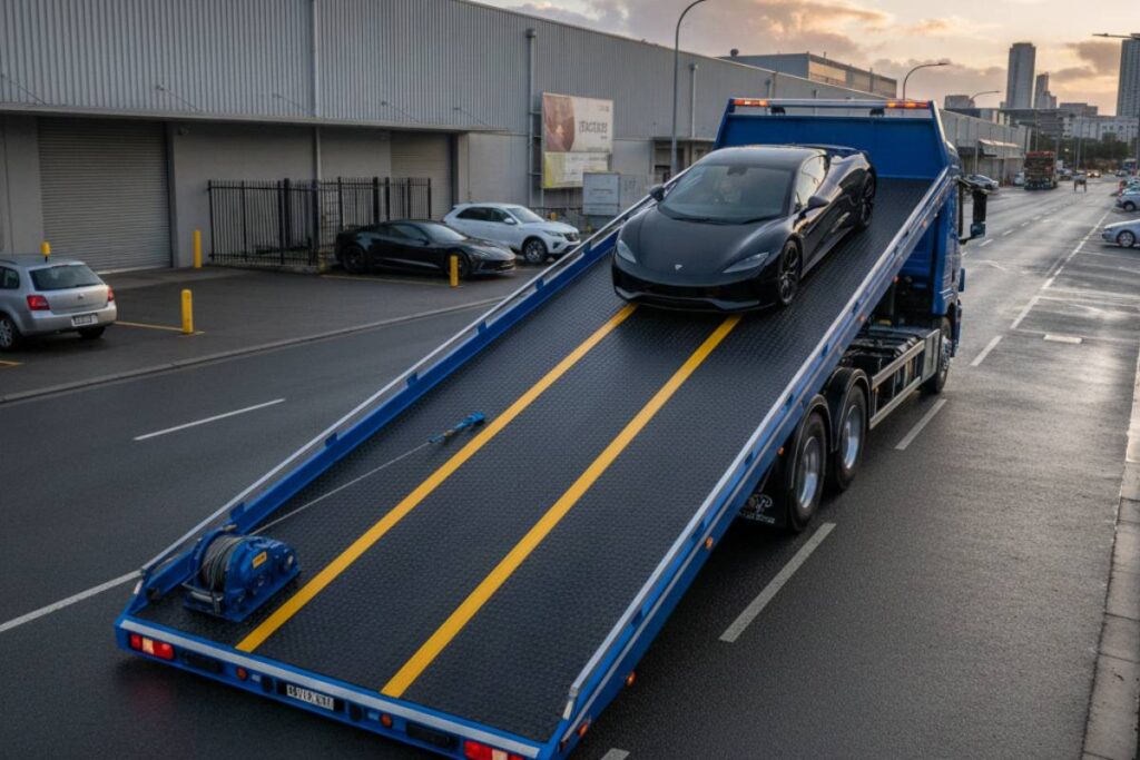 High-angle shot of a tilt tray truck with its bed fully extended to the pavement