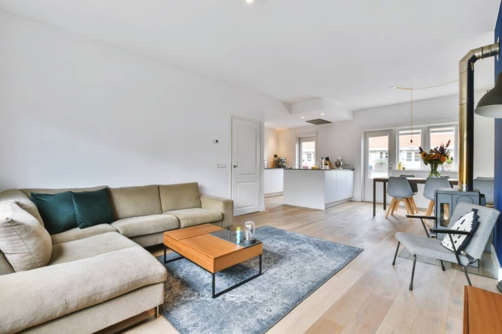 Beautiful living room with a large sofa and fireplace